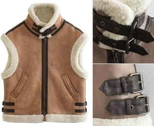 Women Faux Suede Jacket Sherpa Fleece Leather Vest Zip Up Sleeveless Fur Coat - Picture 1 of 37