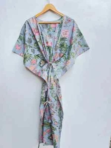 Indian Vintage 100% Cotton Long Beach Maxi Kaftan Dress One Size Caftan Kimono - Picture 1 of 8