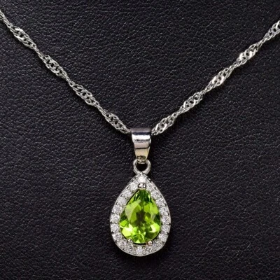 NATURAL GREEN PERIDOT & WHITE CZ STERLING 925 SILVER PENDANT WITH NECKLACE 18.5" - Image 1 of 4
