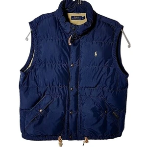 Polo Ralph Lauren Men XL Full Zip Snap Calf Leather Trim Puffer Down Blue Vest - Picture 1 of 7
