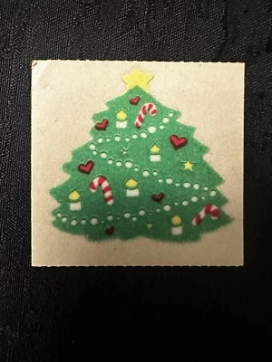 2 罕见复古 20 世纪 80 年代 Sandylion Fuzzy 2 英寸圣诞树贴纸和大红色蝴蝶结 — 第 1/4 张图片