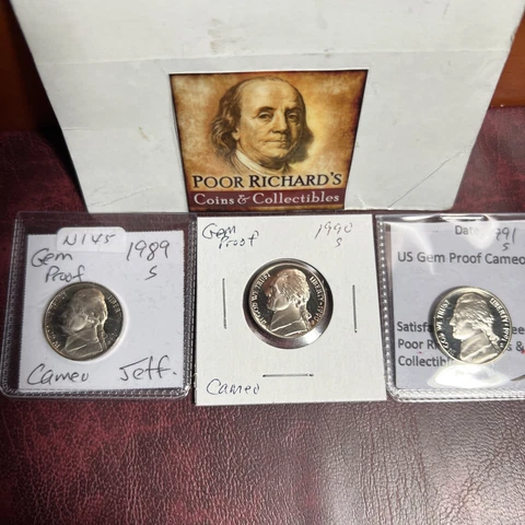 3 Different Jefferson Proof Nickels. As Pictured. 1989S, 90S, 91. F/S! N145 Cover