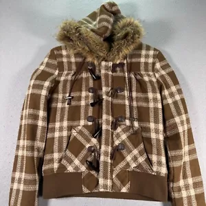 Vintage O'neill Toggle Wool Jacket Womens Medium Brown Plaid Faux Fur Outdoors - Picture 1 of 15