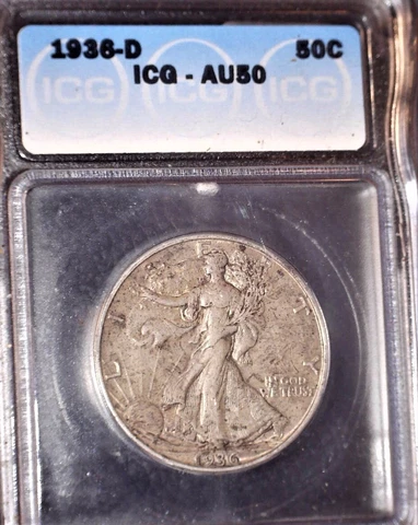 1936-D Walking Liberty Half Dollar, ICG AU50, Tougher Date, Issue Free Cover