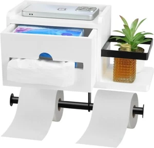 Wooden Toilet Roll Holder with Shelf, Wall Mounted Toilet Paper Holder with Wet - Picture 1 of 7