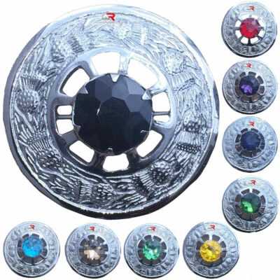 Men's Scottish Kilt Fly Plaid Brooch Black Stone Brass Kilts Chrome Diameter 3" - Image 1 of 3