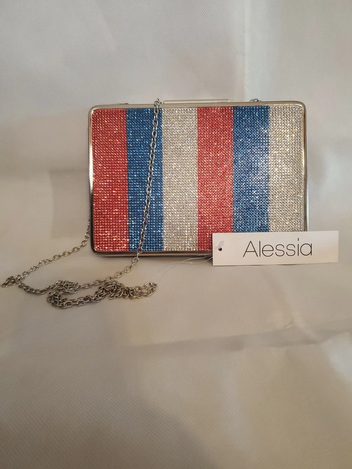 Alessia Purse Silver Red White and Blue Rhinestone