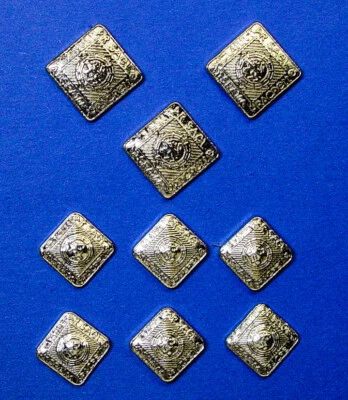  Set of 9 shiny silver tone metal Clann Nar Sael square buttons good used cond. - Image 1 of 4