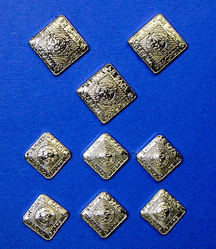  Set of 9 shiny silver tone metal Clann Nar Sael square buttons good used cond. - Image 1 of 4