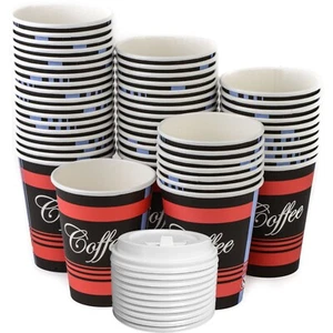 12oz Design Coffee Cups and White Dome Lids Hot Cold Drinks Disposable 50pcs - Picture 1 of 3