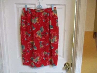 Dana Buchman Silk Pencil Skirt Red Tropical Hawaiian Floral Pocket Size 8 - Image 1 of 4