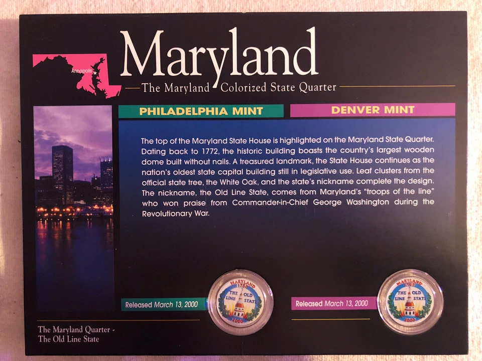 American Historical Society Colorized State Quarters. Maryland. Used - Image 1 of 2