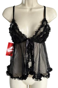Damen Netz Dessous Oberteil Babydoll transparent Rüschen mit Bindeverschluss Gr. L schwarz - Bild 1 von 7