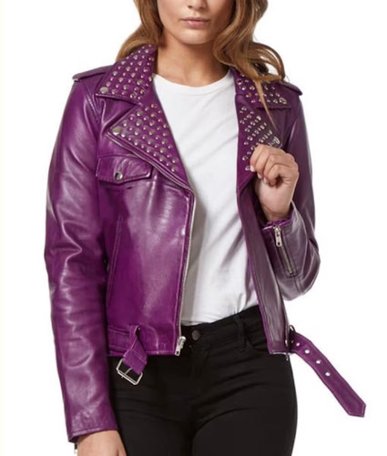 VETEMENTS Giacca biker donna viola pelle di agnello borchiata gotica biker jacket