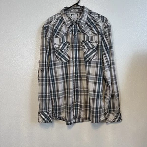 Camisa BKE Hebilla Abotonada Hombres XL Blanca Calce Atlético Perla A Presión Western Plaid - Imagen 1 de 7