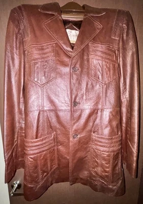 Винтажный 1970-х Berman's кожаное пальто куртка двубортный мужской 40L коричневый с подкладкой - Изображение 1 из 4