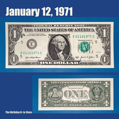 January 12, 1971 Birthday Anniversary $1 One Dollar Bill Serial Number 01121971 - Image 1 of 2