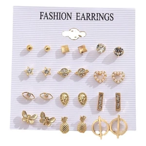 Set of 12 Gold Geometric Pineapple Drop Earrings with Diamond Sparkling Accents - Picture 1 of 6