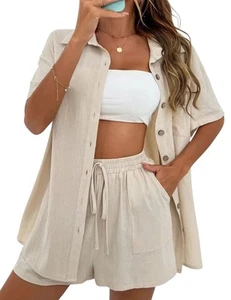 Linen Short Sets for Women Short Sleeve Top Shorts 2 Piece Summer Beach Vacat... - Picture 1 of 6