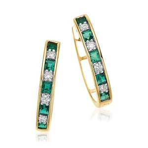 Zamel's 9ct Yellow Gold Round Cut Created Emerald & Diamond Set Huggie Earrings - Picture 1 of 1