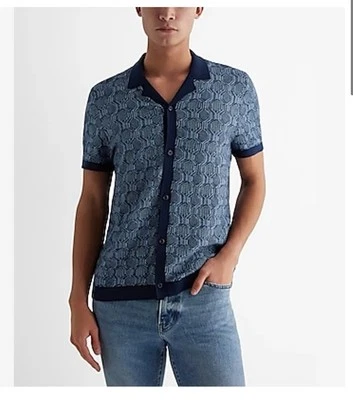 NWT Express Geo Print Cotton Short Sleeve Blue  Sweater Polo Retro Small $78 RV - Image 1 of 4