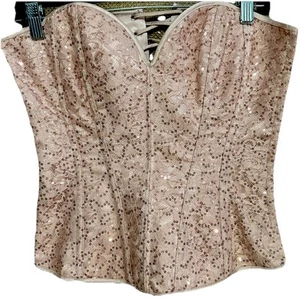 Shirley Of Hollywood Corset Blush Pink Sequin Lace Up Back Fairycore Top Size 36 - Picture 1 of 5
