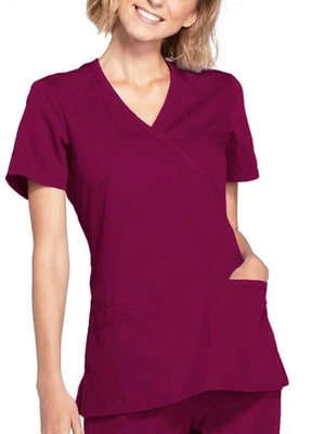 Scrubs Cherokee Workwear Mock Wrap Top WW650 WINW Wine Small - Image 1 of 4