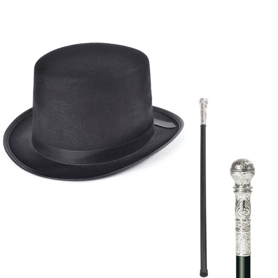 Mens Magician Victorian Black Top Hat & Cane Set Steampunk Fancy Dress Costume - Image 1 of 1