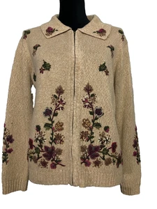 VTG Tiara International Womens M Full Zip Cardigan Floral Embroidered Beaded Tan - Picture 1 of 13