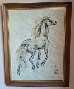 Quadro Vintage Cavallo Stampa Tela Firmato B Simon Metà Secolo MCM Arte DAC - Foto 1 di 24