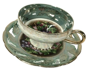 LM Royal Halsey Pedestal Teacup Saucer Reticulated Lusterware Japan Mid Century - Picture 1 of 11
