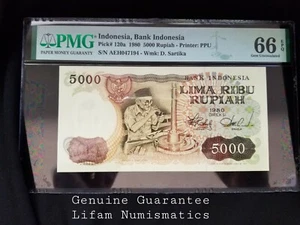 Indonesia 5,000 Rupiah 1980 PMG 66 EPQ GEM UNCIRCULATED - Picture 1 of 2