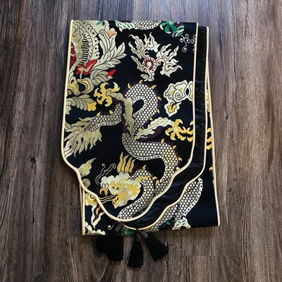 88”x13” Silk Chinese Table Runner, GOLD DRAGON on Black w/  Red, Green & Purple - Image 1 of 4