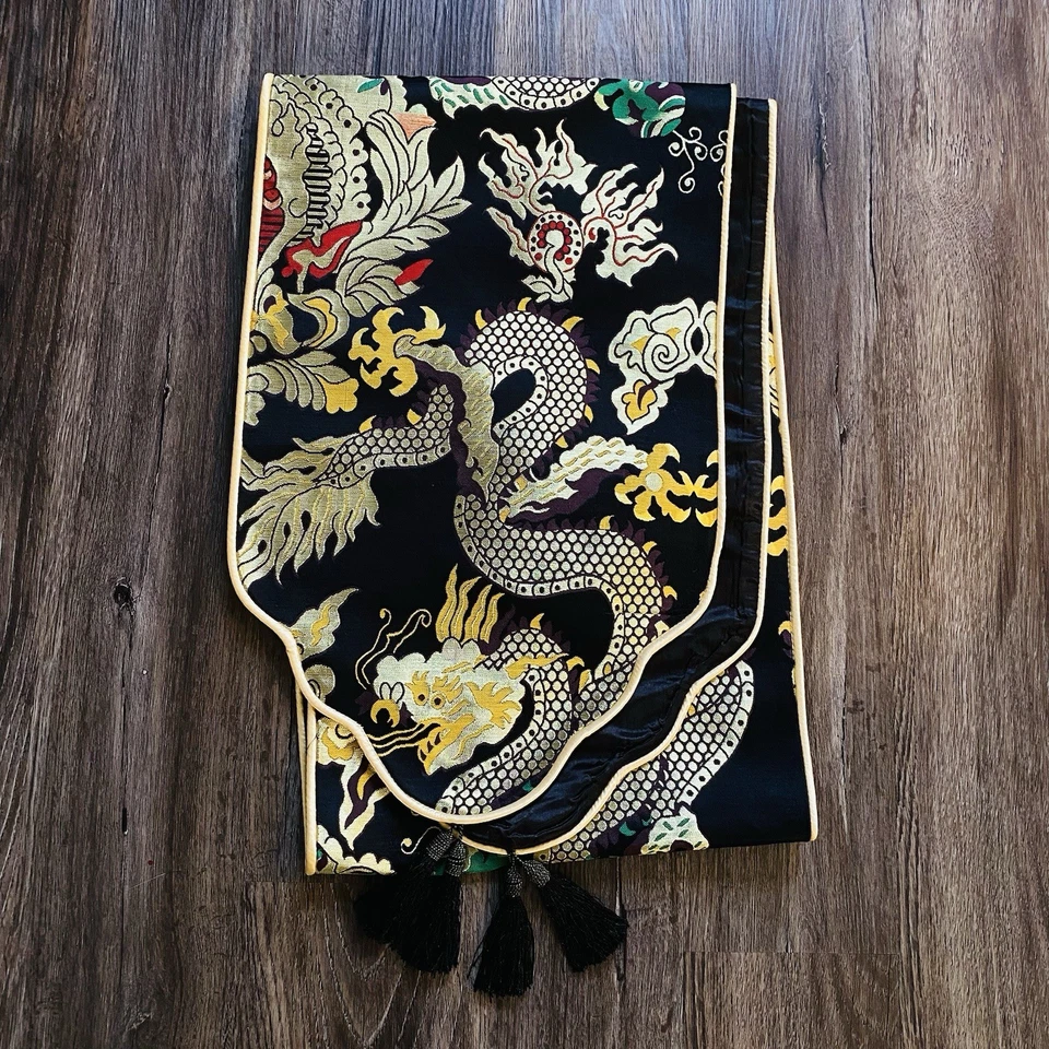 88”x13” Silk Chinese Table Runner, GOLD DRAGON on Black w/  Red, Green & Purple - Image 1 of 4