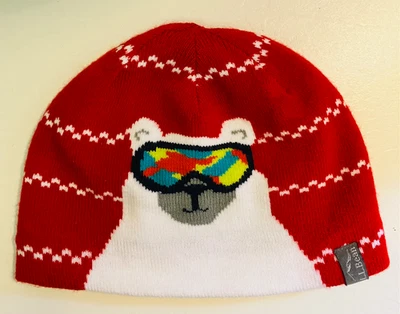 LL Bean Niños Invierno Gorro Tejido Sombrero-Rojo con Diseño de Oso Polar-Azul Vellón Interior Foto 1 de 4