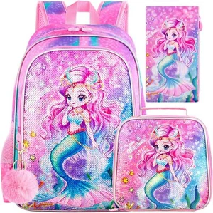 3PCS Mermaid Backpack for Girls 16”Kids Sequin Bookbag with Lunch Box Water - Picture 1 of 6