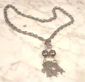 Vintage Silver Tone Necklace Heavy Chain 28" & 2 Tassels 2.5" Adjustable Slide - Picture 1 of 7