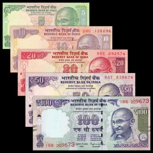 Banconote "Set di 5 pezzi", India 5 + 10 + 20 + 50 + 100 rupie, in UNC - Foto 1 di 2