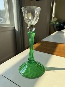 Silver Rimmed, Emerald Depression Glass & Crystal Candle Holder - Picture 1 of 9