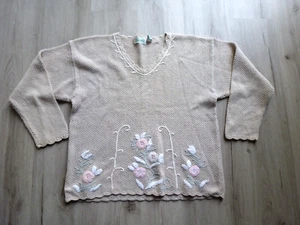 VTG Shenanigans Sweater Women L Embroidered Floral Chunky Hand Knit RAMIE Blend - Picture 1 of 11