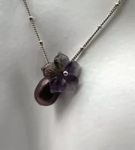 Vintage Sterling Silver 925 Pendant Necklace Amethyst Flower Pearl Ball Chain 6g - Picture 1 of 9