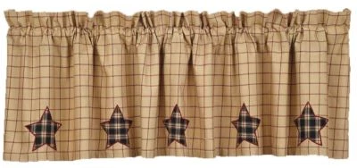 Bingham Star Window Valance Red Tan Windowpane Check w/ Plaid Star Appliques - Image 1 of 4