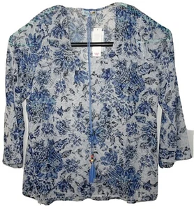 Unity World Wear Boho Blouse Blue Women Sz 1X Semi-Sheer Long-Sleeve Tassel Belt - Picture 1 of 11