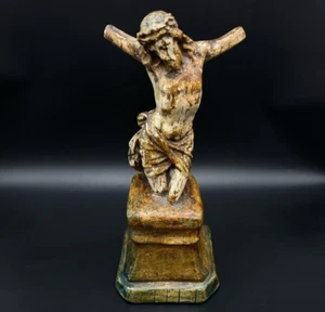 Antique Figure on Pedestal Jesus Christ Statue rare plaster 1800s Crucifix 29cm⭐ - Picture 1 of 13