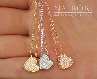 collana cuore argento 925 3D mattonella pave' zirconi collier oro giallo rosa - Immagine 1 di 3