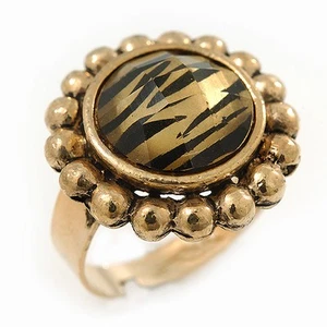 Antique Gold Effect Round 'Tigra' Animal Print Ring with Acrylic Gem - 20mm - Picture 1 of 6