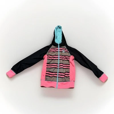 Jaqueta com capuz NIKE feminina listrada rosa e preta média zíper completo forrada tamanho 10-12 - Imagem 1 de 4