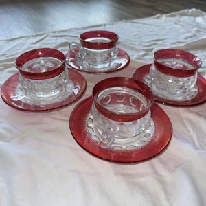 4 Vtg Kings Crown Thumbprint Ruby Red Glass Cup & Saucer Sets - Picture 1 of 2