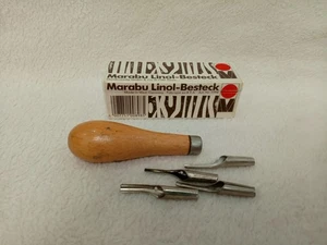 Vintage W. Germany Linoleum Schnitzwerkzeug Griff mit 4 Köpfen - Bild 1 von 10