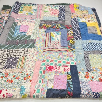 vintage handmade cutter quilt twin feed sack cotton patchwork Scrappy Log Cabin - Image 1 of 4